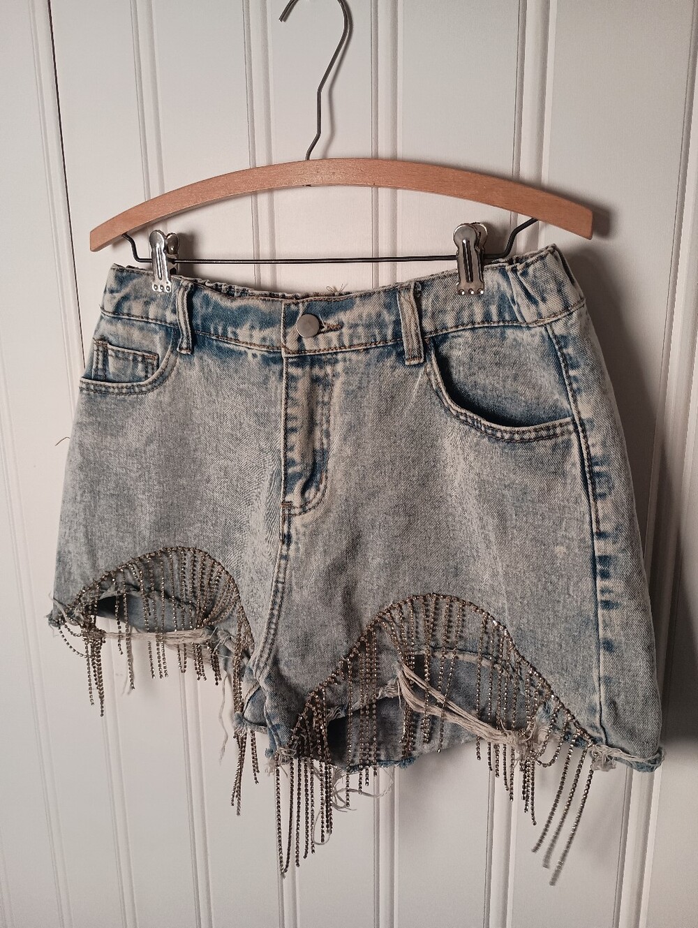 Savanna Jane- Acid Wash Denim Shorts with Rhinestone Fringe- Size M